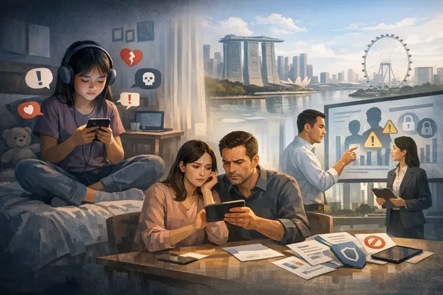 Illustration of parents, children and policymakers discussing safer social-media environments in Singapore