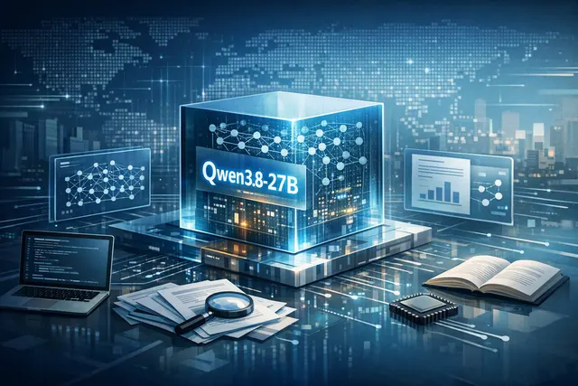 Abstract representation of Alibaba's Qwen3.8-27B multimodal AI model showing vision, coding, and agentic capabilities with benchmark scores and Apache 2.0 license badge.