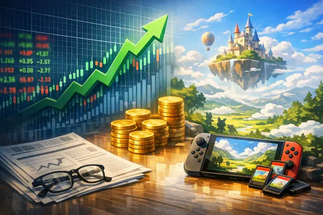 Nintendo Switch 2 console and Pokémon Pokopia game box art displayed against a stock market chart background, illustrating the relationship between game sales and stock performance