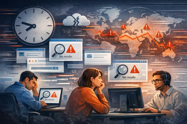 Abstract editorial illustration of a Microsoft 365 search outage affecting cloud productivity services