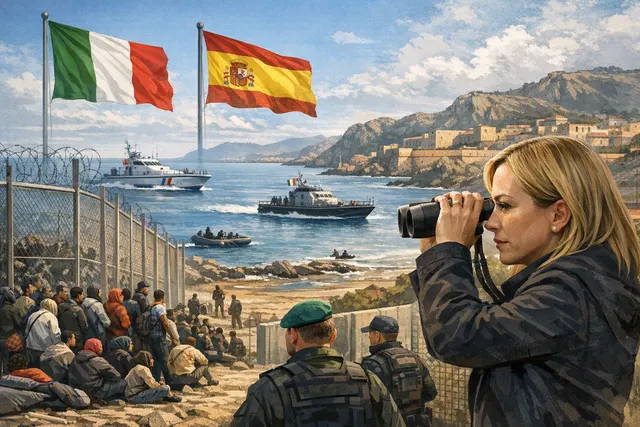 Editorial illustration of the Italy-Spain border standoff over the Ceuta migration crisis, with EU and Schengen motifs