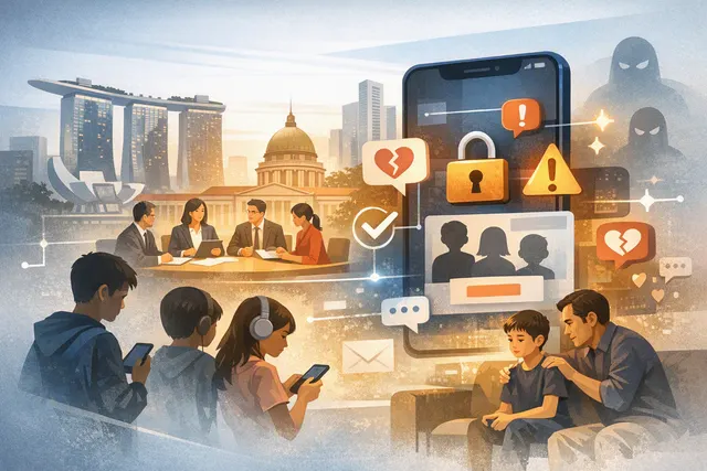 Illustration of a young person navigating social-media safety and mental-health pressures on a smartphone