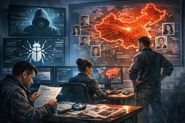 Digital illustration representing the Jewelbug hacking group with a central control panel, government buildings, and cryptocurrency symbols
