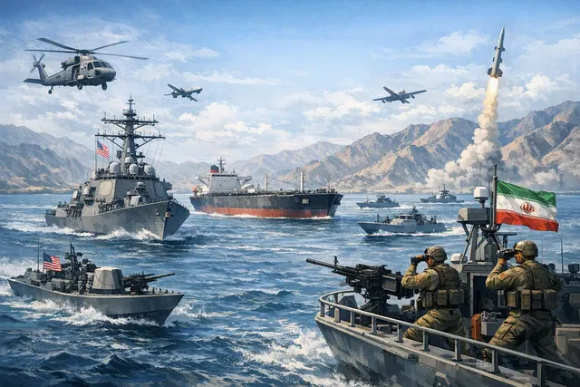 AI-generated editorial image of naval warships near the Strait of Hormuz representing the U.S.-Iran standoff in August 2026.