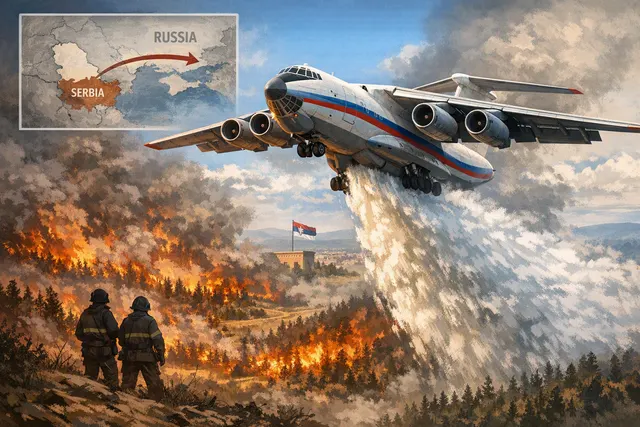 Russian Il-76 firefighting aircraft dropping water over a Serbian wildfire in the Deliblato Sands reserve