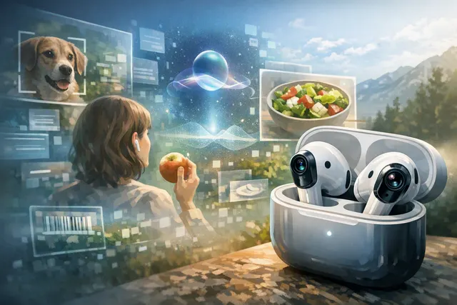 Editorial illustration of camera-equipped Apple AirPods using Visual Intelligence to identify a book
