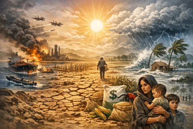 Cracked, dry earth stretching toward a horizon filled with storm clouds, symbolizing the converging food crises driven by conflict and climate extremes.