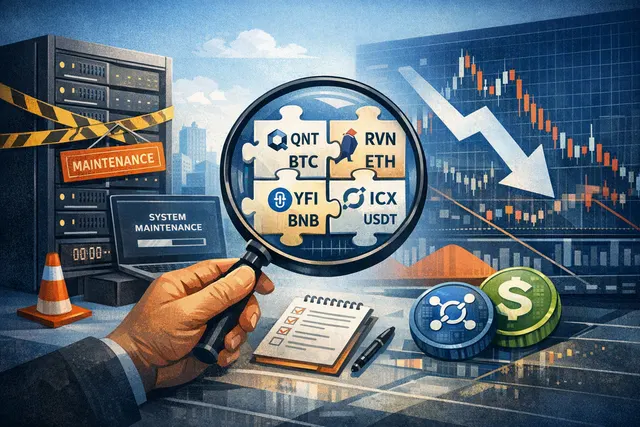 Binance exchange interface on a digital display with maintenance and delisting alerts for August 2026