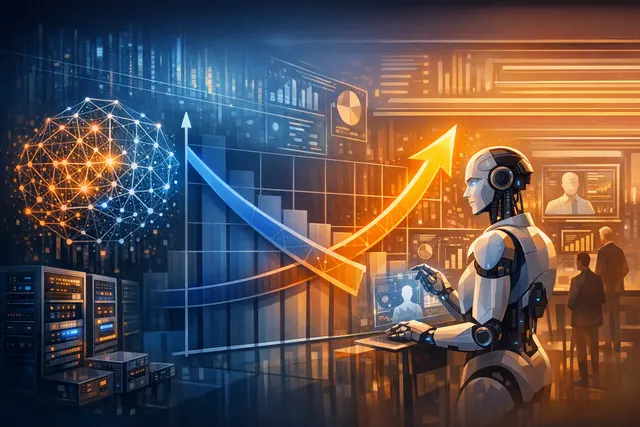 Abstract visualization of AI inference surpassing training spending in 2026, showing data flow and cloud infrastructure