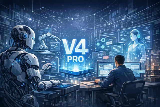 Abstract editorial illustration representing the DeepSeek V4 Pro AI model and its API agent capabilities