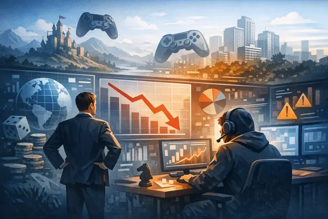 Editorial illustration of a video game audience choosing between familiar franchises and new experiences as artificial intelligence reshapes game development