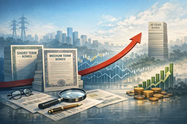 Editorial illustration of short-term and long-term government bond yields moving in opposite directions during a market selloff