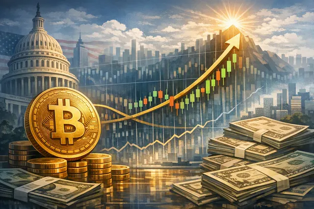 Editorial illustration of Bitcoin breaking above $69,000 amid Treasury bond buybacks and a short squeeze