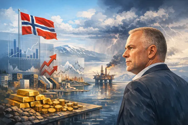 Abstract visualization of Norway's sovereign wealth fund with risk scenarios and market charts