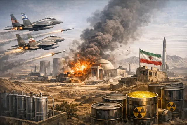 A conceptual image representing Iran's nuclear program after the 2025 U.S.-Israeli strikes, showing damaged facilities and a question mark over the status of enriched uranium stock