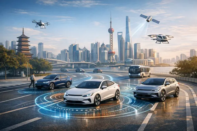 Illustration of a Volkswagen electric vehicle using AI-powered driver assistance on a Chinese city road