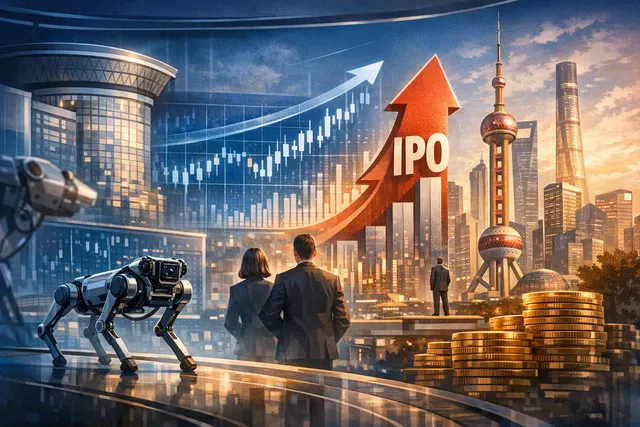 Unitree Robotics humanoid robot standing on a futuristic platform, representing the company's landmark IPO on Shanghai's STAR Market in 2026.