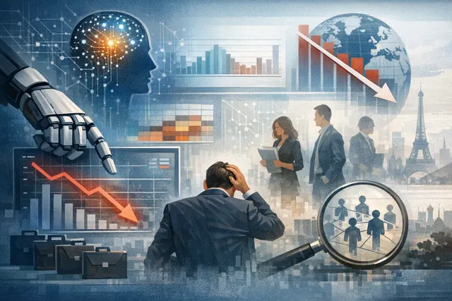 Abstract editorial illustration of artificial intelligence reshaping employment and hiring across global industries