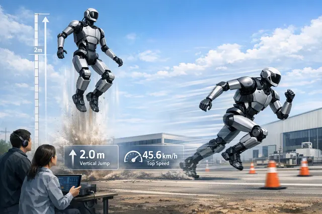 AI-generated illustration of Unitree’s Superman humanoid robot sprinting and jumping
