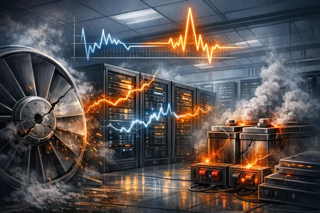 A surreal digital illustration of a data center center with GPU server racks partially submerged in a network of glowing power lines, with cracked turbine blades and smoking batter