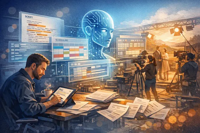 AI-generated editorial hero image representing Filmustage's AI-powered film pre-production platform with script breakdown, scheduling, and budgeting tools.