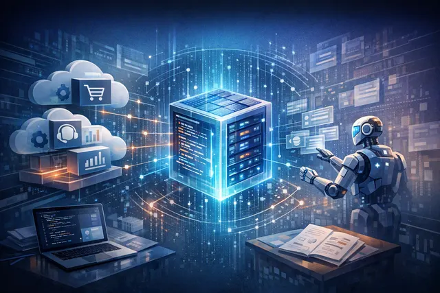 Abstract editorial illustration representing Salesforce Headless 360 connecting AI agents, enterprise data, and governed platform capabilities