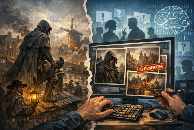 A dimly lit 17th-century Amsterdam street scene in a video game, with a witch character looking at a portrait painting on a wall, illustrating the AI art controversy surrounding 16