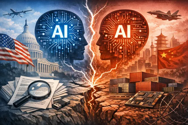A digital illustration symbolizing the US-China AI confrontation, with a stylized map of the US and China, AI neural network patterns, and a gavel representing sanctions and legal