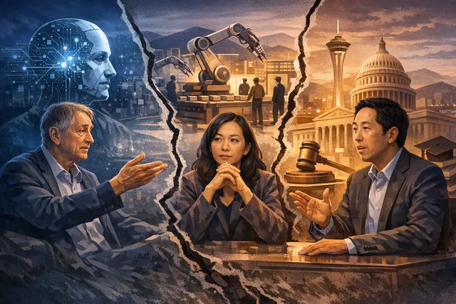 AI-generated editorial hero image depicting three AI pioneers on stage at the Ai4 2026 conference in Las Vegas