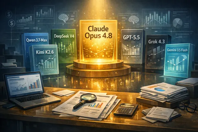 Side-by-side visual comparison of seven frontier AI model logos and benchmark charts on a futuristic dashboard.