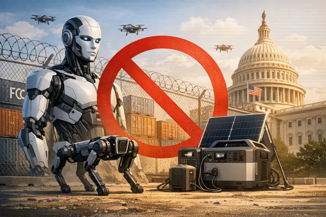 Conceptual image of a humanoid robot silhouette against a backdrop of data centers and power grid infrastructure, representing the FCC's ban on advanced robotic devices and power i