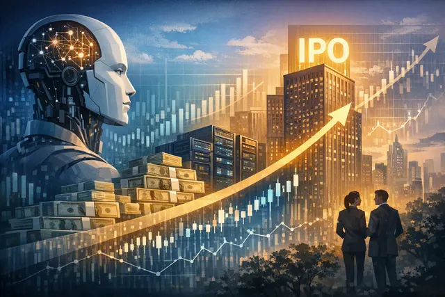 Editorial illustration of Anthropic’s AI business growth and potential IPO, with financial charts and city lights
