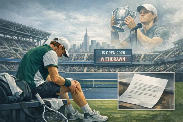 Editorial illustration of Jannik Sinner absent from the 2026 US Open because of a right-knee injury