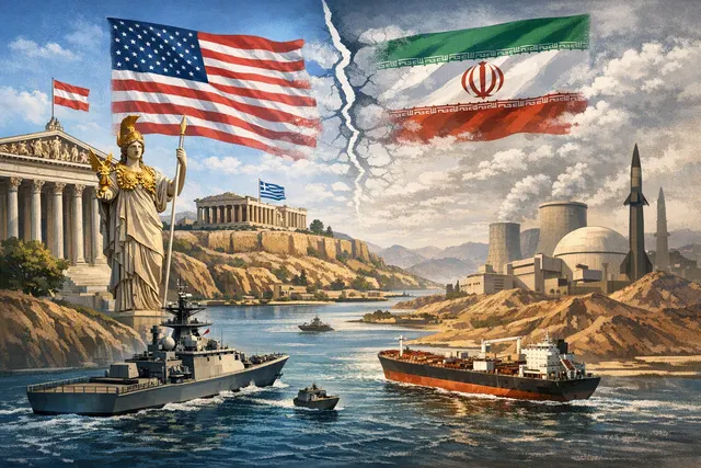 Editorial illustration of a globe centered on the Strait of Hormuz, with flags of Austria and Greece in the foreground and a stylized US-Iran negotiation table in the background.