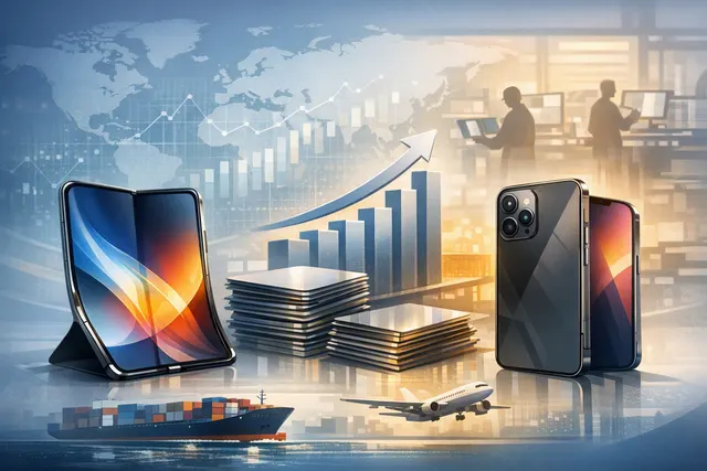 Illustration of a flexible OLED smartphone display alongside Samsung Display’s A7 OLED expansion and foldable-phone production theme