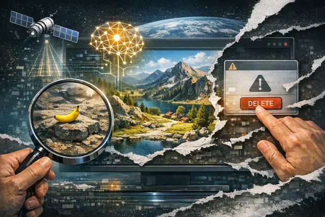 Satellite view of Earth with an AI-generated overlay icon illustrating the concept of blending Nano Banana 2 imagery with real satellite maps.