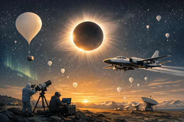 AI-generated illustration of NASA's WB-57 research aircraft flying through the stratosphere during a total solar eclipse, with the Moon's shadow on Earth below and scientific instr