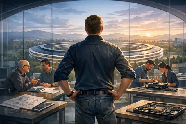 John Ternus, incoming Apple CEO, looking contemplative in front of a modern tech office backdrop