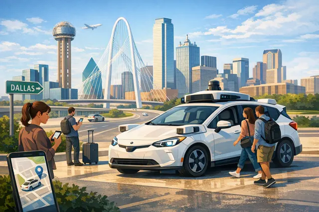 Illustration of a Waymo autonomous Jaguar I-PACE robotaxi operating on Dallas streets