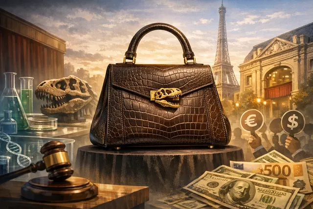A conceptual image of a high-fashion teal handbag made from a textured, scaly material, displayed against a stark white backdrop, symbolizing the fusion of luxury fashion and prehi