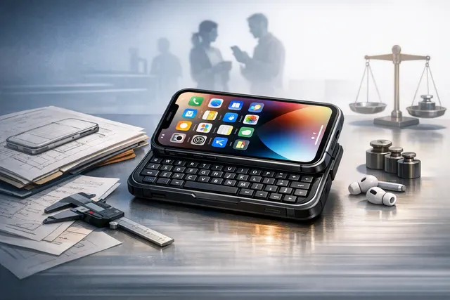 Clicks Power Keyboard slide-out QWERTY attached to a modern smartphone via MagSafe
