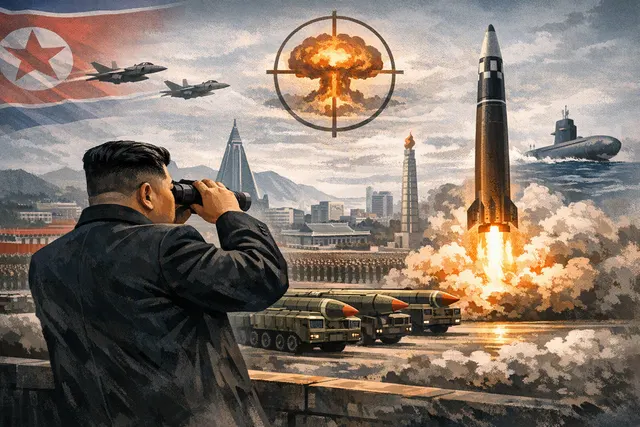 Illustration of Kim Jong Un, North Korean missiles and U.S.–South Korea military exercises