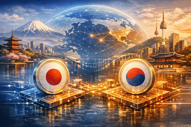 Abstract digital network visualization connecting Japan and South Korea with glowing stablecoin tokens representing yen, won, and dollar settlement