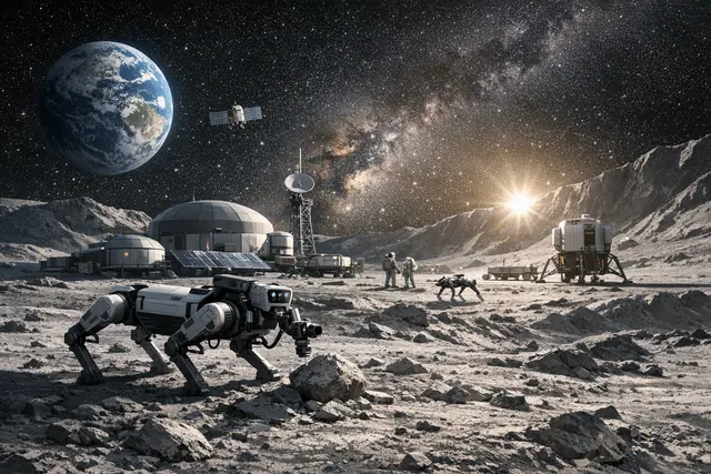 Concept illustration of two robot dogs and an astronaut on the lunar surface near a research station at the Moon's south pole