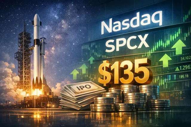 Elon Musk and SpaceX IPO event image showing the Nasdaq trading debut, ticker symbol SPCX, and $135 share price on a stock market screen.