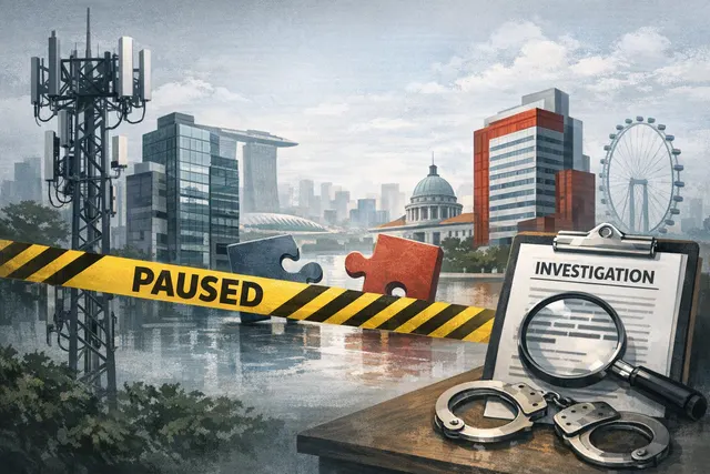 Editorial illustration of the failed Simba–M1 telecommunications merger and Singapore’s spectrum regulation debate