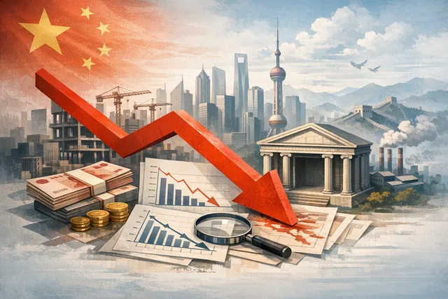 Editorial hero image showing a Chinese bank exterior with financial data charts overlaid, representing the record contraction in July 2026 bank loans.
