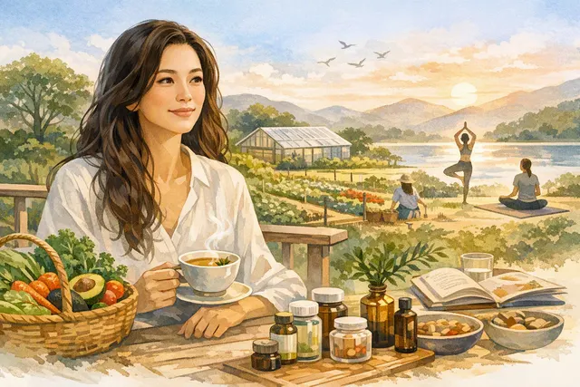 Nicola Cheung longevity philosophy illustration with nature, sleep, and family themes