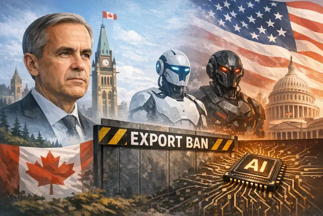 Canadian Prime Minister Mark Carney addressing reporters about the U.S. export ban on Anthropic's Fable 5 and Mythos 5 AI models, with G7 summit and digital sovereignty context