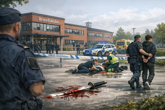 Illustrated emergency response outside a Swedish secondary school after a reported sword attack